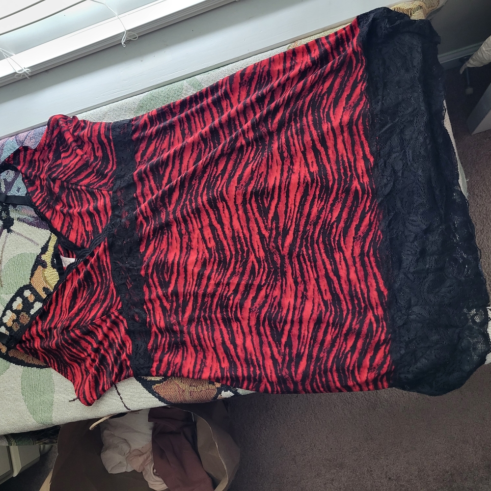 Silky Red and Black Chemise with Lace Trim